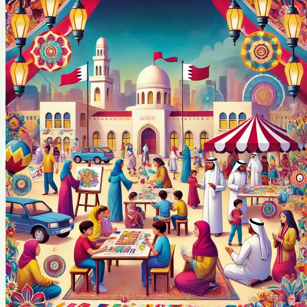 DALL·E 2024 10 28 09.36.33 A vibrant and colorful illustration representing a community cultural event in Dilmunia Bahrain. The scene includes families enjoying various activit